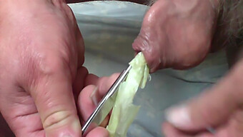 Amateur Boy'S Foreskin Played With Spring Onion And Scissors