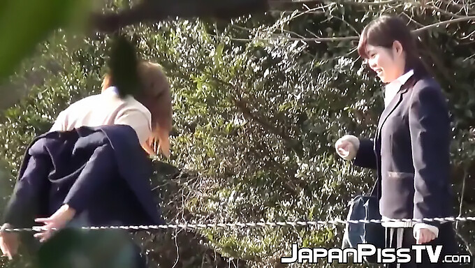 Japanese Schoolgirls Enjoy Each Other And Pee Outdoors